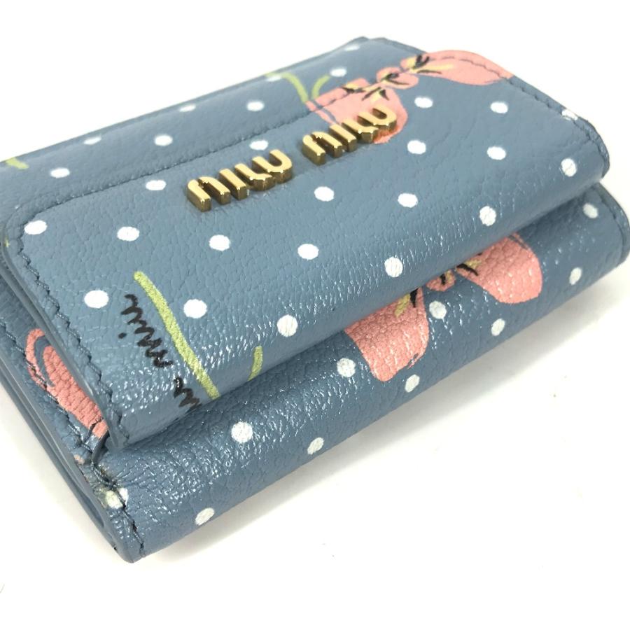 新品同様 MIUMIU ミュウミュウ マドラス コンパクトウォレット 3つ折り財布 水玉 ドット ロゴ フラワー 3つ折り財布 ブルー【中古】 | miu miu | 05