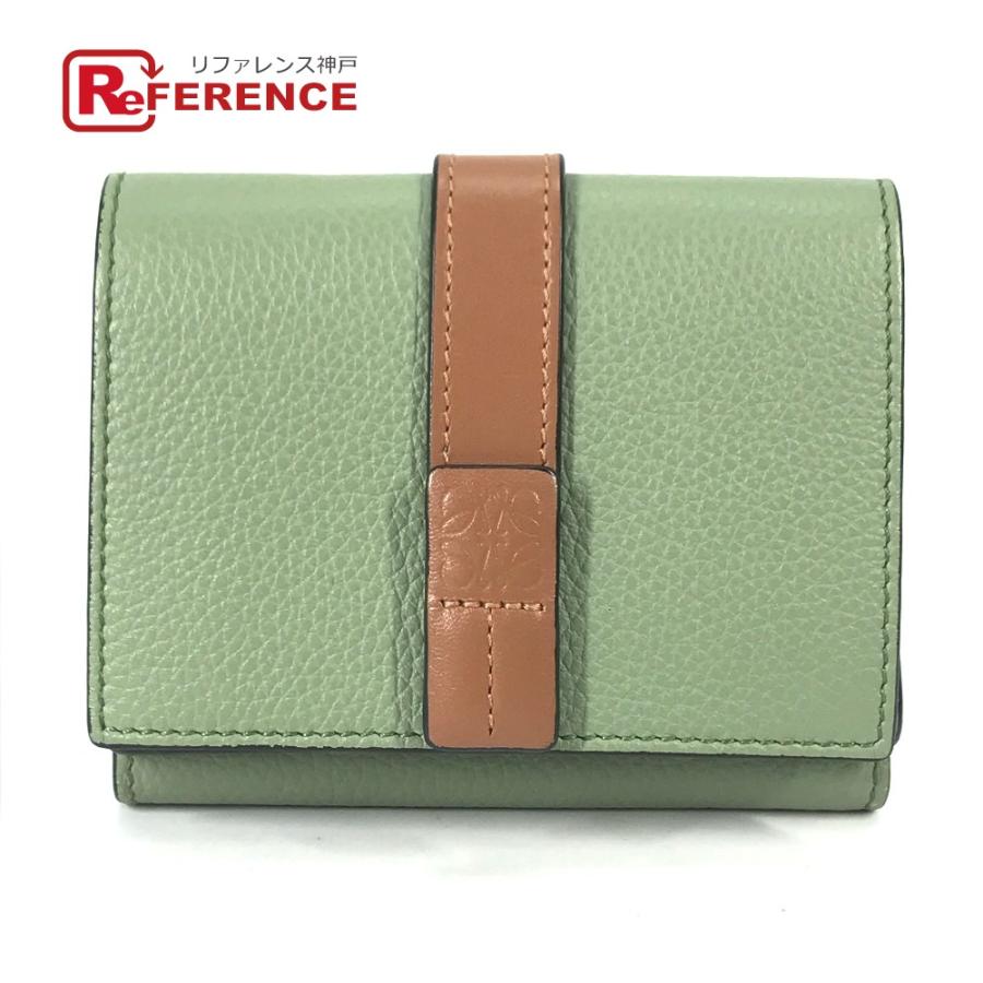 LOEWE ロエベ スモール バーティカル ウォレット コンパクトウォレット アナグラム 3つ折り財布 グリーン レディース【中古】 | LOEWE