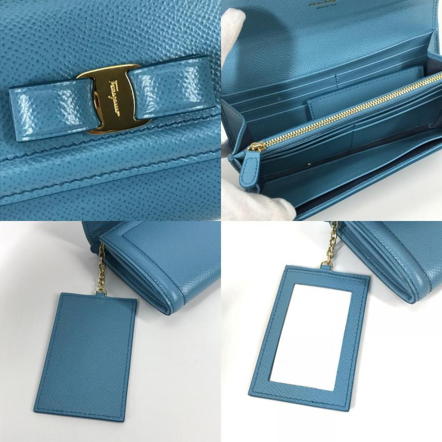 新品同様 Salvatore Ferragamo サルヴァトーレフェラガモ 22D154 ヴァラ リボン  ロングウォレット パスケース 長財布 ブルー【中古】 |  | 08