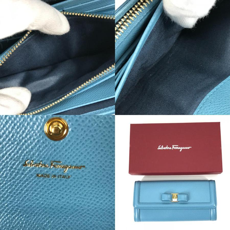 新品同様 Salvatore Ferragamo サルヴァトーレフェラガモ 22D154 ヴァラ リボン  ロングウォレット パスケース 長財布 ブルー【中古】 |  | 09