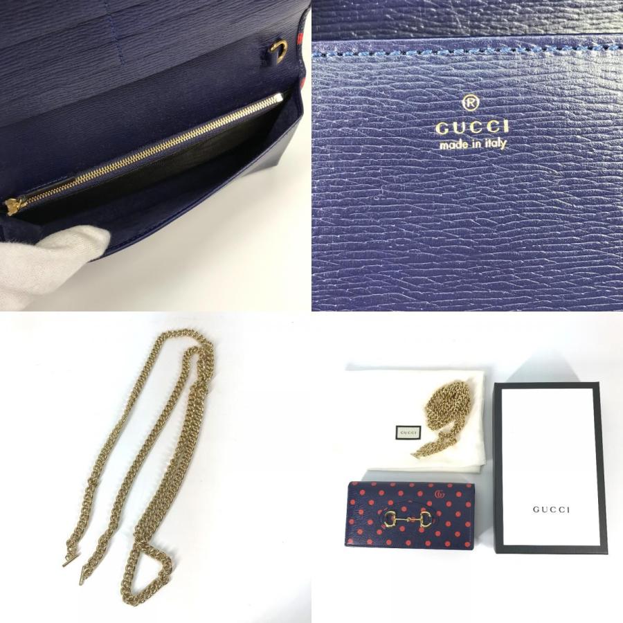 新品同様 GUCCI グッチ 621892 チェーンウォレット ショルダーバッグ ホースビット 1955 ドット 水玉 長財布 ネイビー×レッド 【中古】 | GUCCI | 09