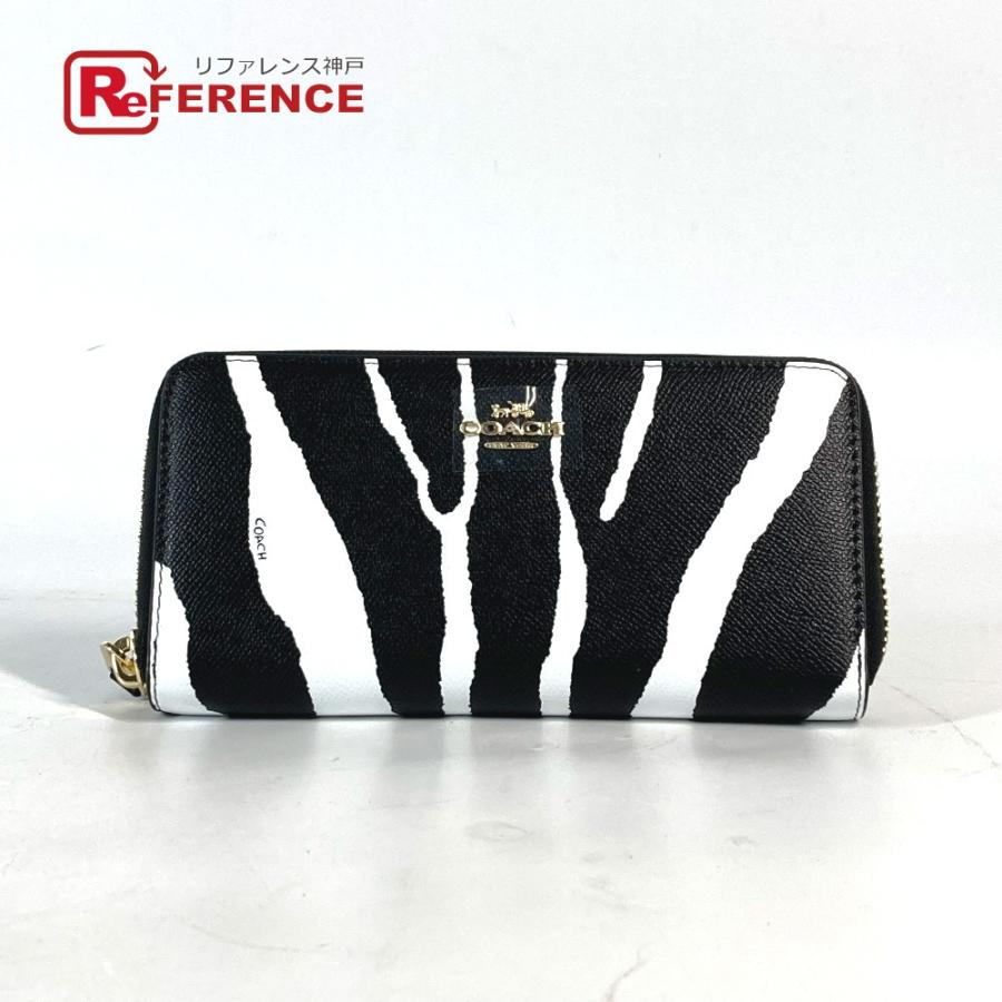 未使用 COACH コーチ F52340 アコーディオン ゼブラ ラウンドファスナー ロングウォレット 長財布 ブラック×ホワイト レディース【中古】 | COACH