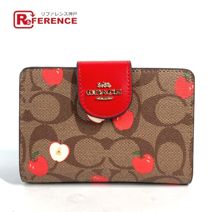 未使用 COACH コーチ C4117 アップル りんご コンパクトウォレット シグネチャー 2つ折り財布 ベージュ×レッド レディース【中古】 | COACH