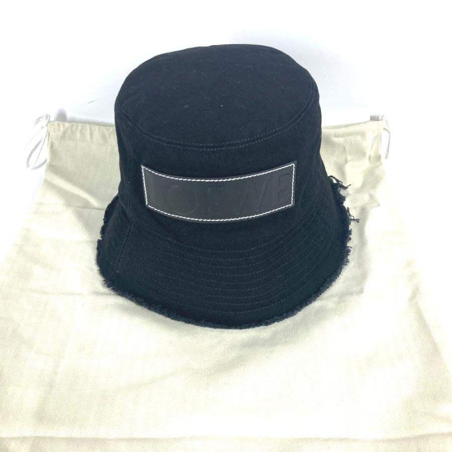 未使用 LOEWE ロエベ K820HB1X20 ロゴ レザーパッチ 革タグ バケットハット 帽子 ステッチブリム フリンジエッジ ハット ブラック【中古】 | LOEWE | 06