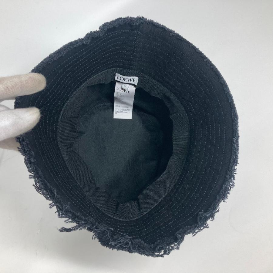 未使用 LOEWE ロエベ K820HB1X20 ロゴ レザーパッチ 革タグ バケットハット 帽子 ステッチブリム フリンジエッジ ハット ブラック【中古】 | LOEWE | 07