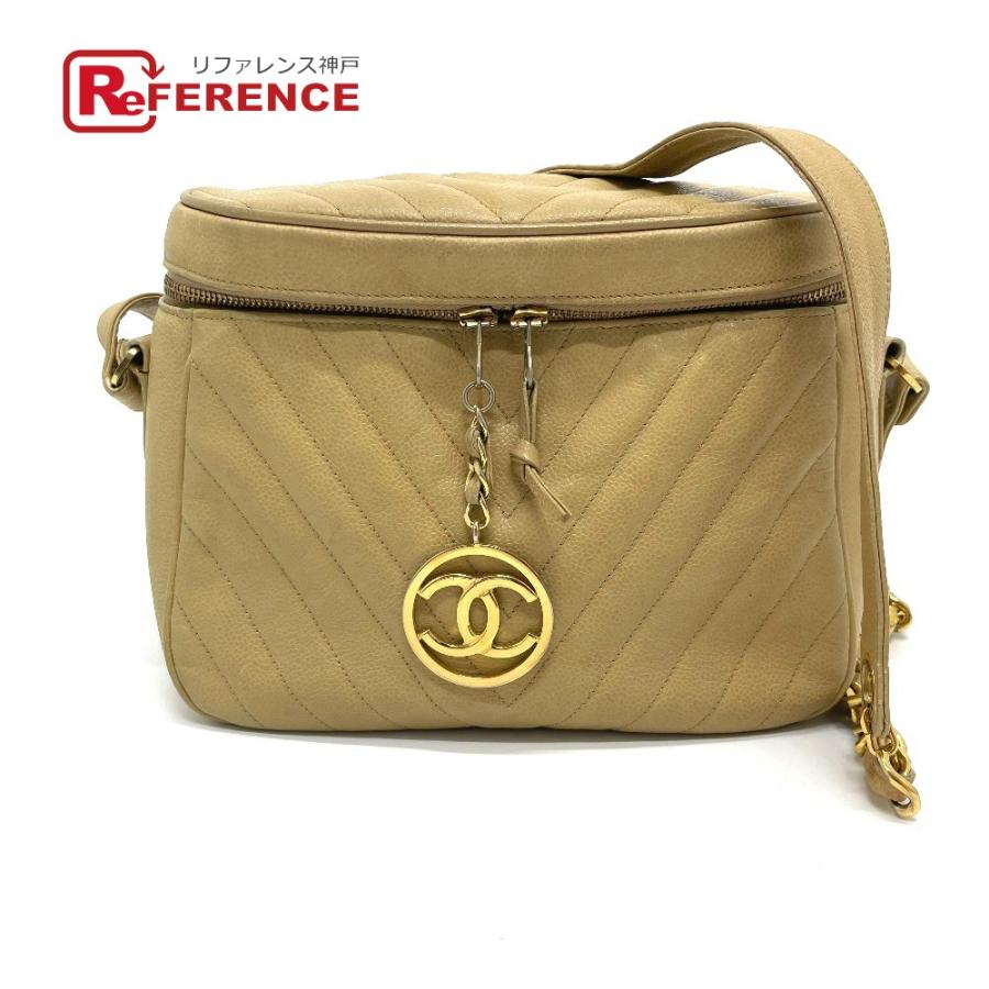 CHANEL シャネル CC ココチャーム Vステッチ シェブロン ショルダーバッグ キャビアスキン レディース ベージュ×ゴールド金具 | CHANEL