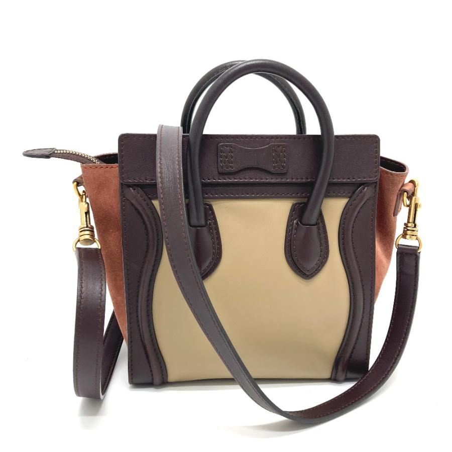CELINE セリーヌ ラゲージナノ ショッパー 2WAY ショルダーバッグ ハンドバッグ レザー/スエード ブラウン×ベージュ レディース【中古】 :G-220425-56:リファレンス コレクション 通販 CELINE セリーヌ ハンドバッグ ショルダーバッグ 2way