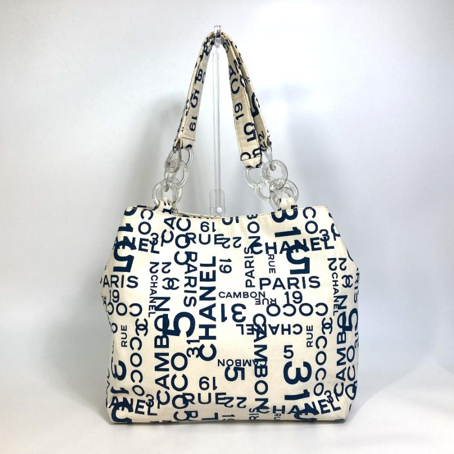 CHANEL シャネル バイシー CCココマーク クリアチェーン 肩掛け トートバッグ キャンバス ホワイト×ネイビー【中古】 | CHANEL | 01