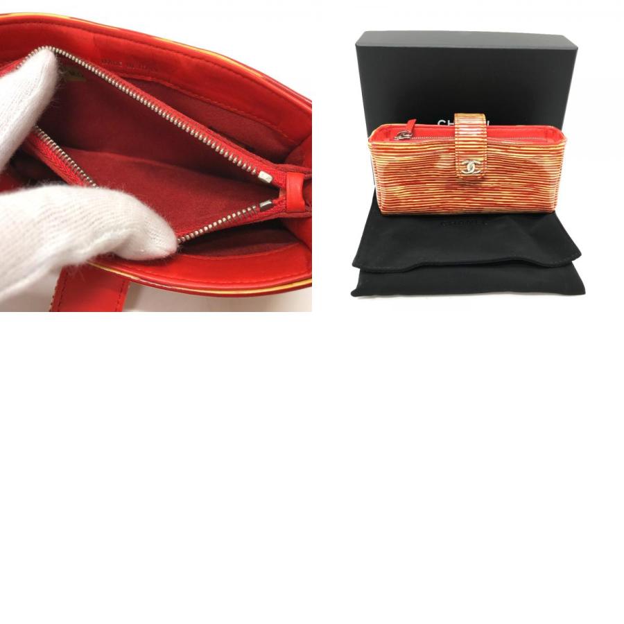 CHANEL シャネル CC ココマーク ボーダー ポーチ パテントレザー レッド系 レディース【中古】 | CHANEL | 09