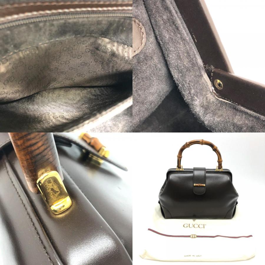希少 GUCCI ダークブラウン レザー ハンドバッグ バンブー