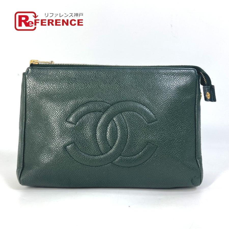 CHANEL シャネル メイクポーチ 化粧ポーチ CC ココマーク カバン ヴィンテージ ポーチ キャビアスキン カーキ レディース【中古】 | CHANEL