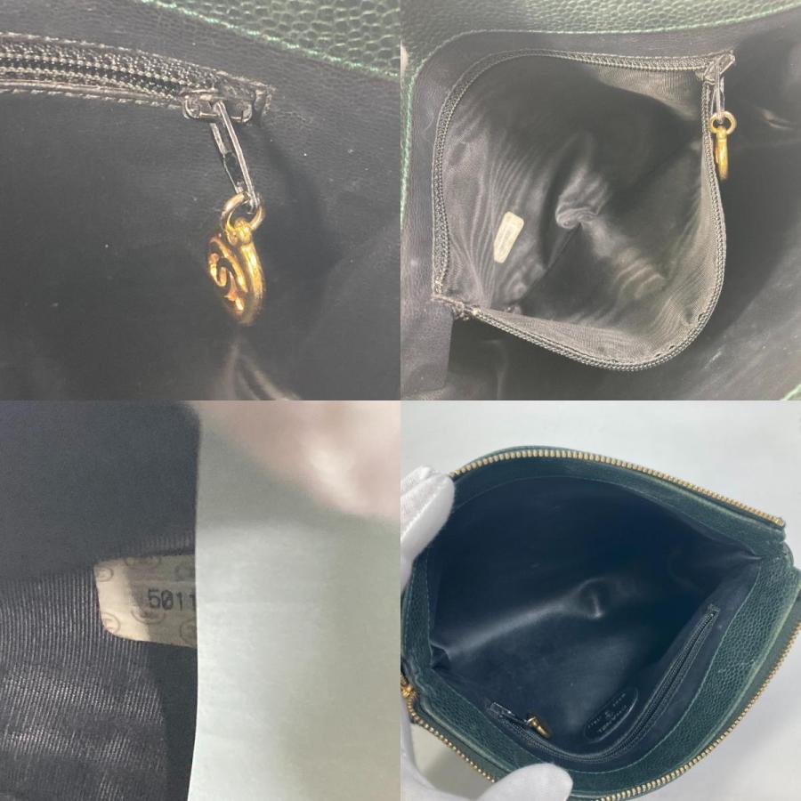 CHANEL シャネル メイクポーチ 化粧ポーチ CC ココマーク カバン ヴィンテージ ポーチ キャビアスキン カーキ レディース【中古】 | CHANEL | 09