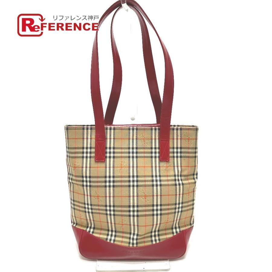BURBERRY バーバリー  チェック トートバッグ キャンバス/レザー ベージュ/レッド レディース【中古】 | BURBERRY
