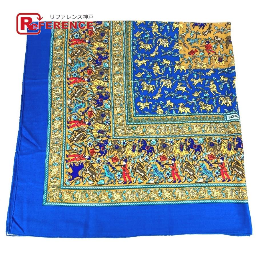 HERMES エルメス カレジェアン 140 カレジェアン140 ショール ストール 大判  CHASSE EN INDE インドの狩猟  スカーフ ブルー 【中古】 | HERMES