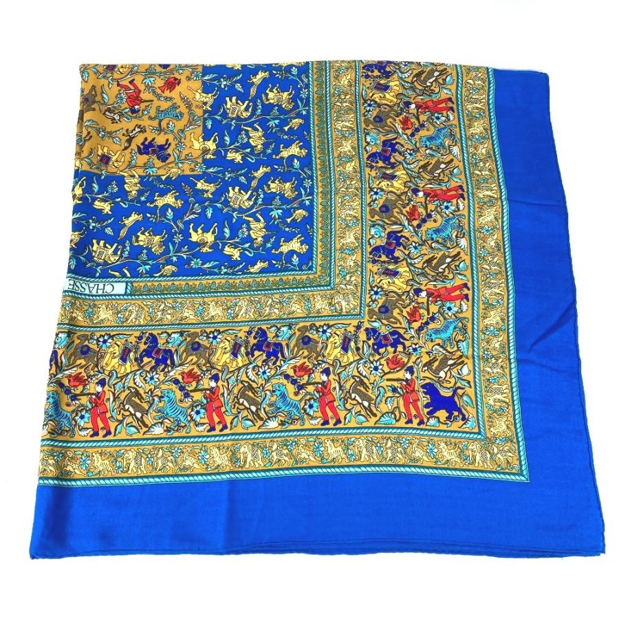 HERMES エルメス カレジェアン 140 カレジェアン140 ショール ストール 大判  CHASSE EN INDE インドの狩猟  スカーフ ブルー 【中古】 | HERMES | 01