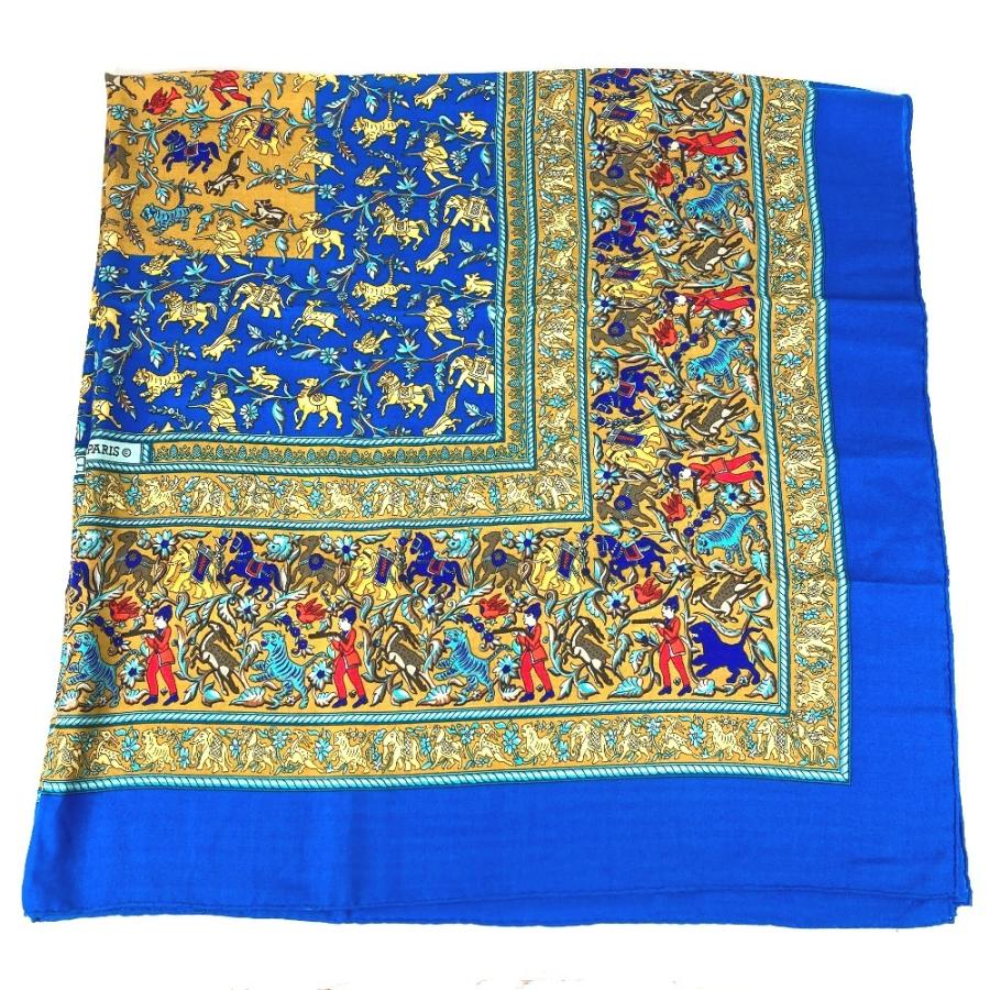 HERMES エルメス カレジェアン 140 カレジェアン140 ショール ストール 大判  CHASSE EN INDE インドの狩猟  スカーフ ブルー 【中古】 | HERMES | 02
