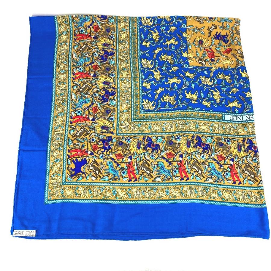 HERMES エルメス カレジェアン 140 カレジェアン140 ショール ストール 大判  CHASSE EN INDE インドの狩猟  スカーフ ブルー 【中古】 | HERMES | 03