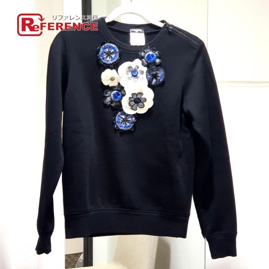 CHANEL シャネル P52492 15B カメリア装飾 トレーナー 肩ファスナー スウェット ウール レディース ブルー | CHANEL