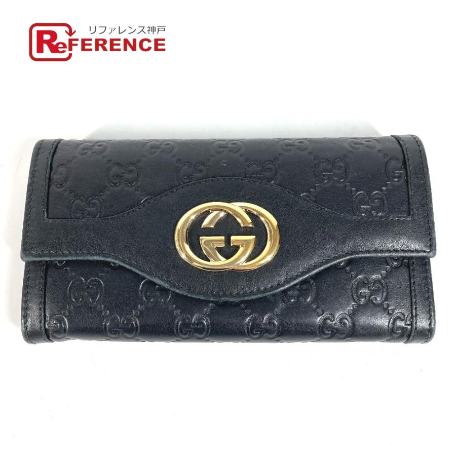 GUCCI グッチ GGシマレザー ブラック　GGプレート　フラップタイプ　財布 GUCCI グッチ GGシマレザー ブラックGGプレートフラップタイプ財布