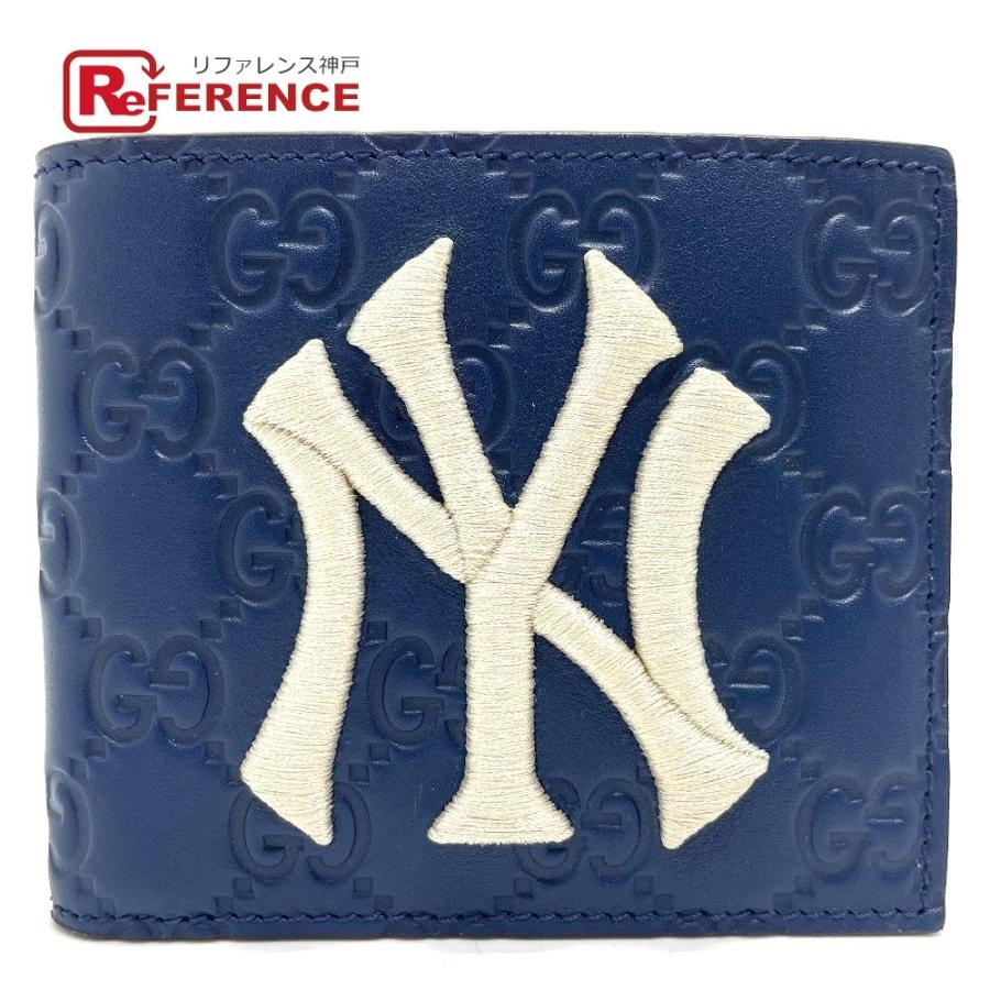 未使用 GUCCI グッチ 547787 ニューヨークヤンキース 刺繍 札入れ コンパクトウォレット グッチ シマ 2つ折り財布 レザー