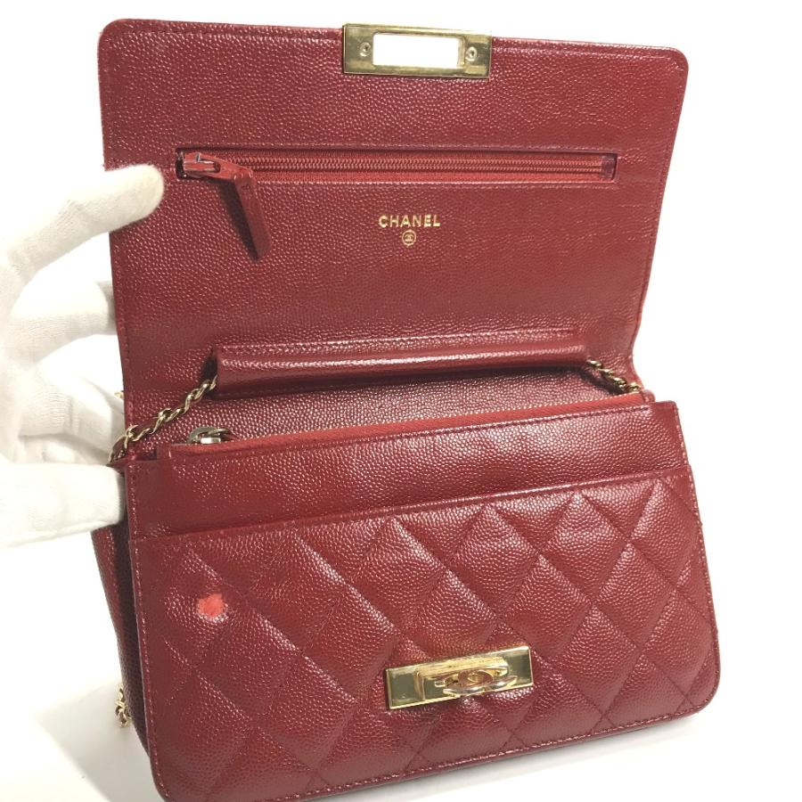 CHANEL シャネル ココロック チェーンウォレット 長財布 肩掛け ポシェット CC ココマーク レッド×ゴールド金具 レディース【中古】の画像