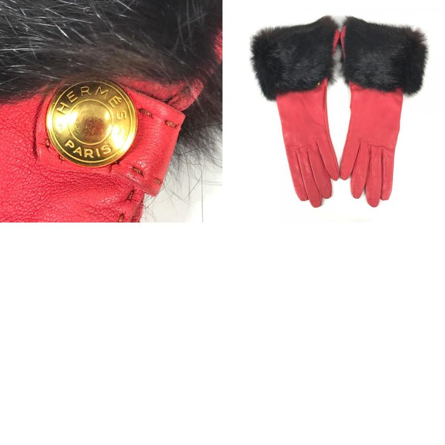 HERMES エルメス ファー アパレル セリエボタン 服飾小物 手袋 レッド レディース【中古】 | HERMES | 09