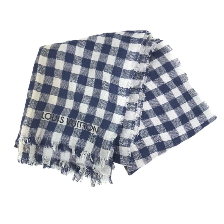 LOUIS VUITTON ルイヴィトン ダミエ チェック ロゴ ショール フリンジ マフラー ストール ブルー ユニセックス【中古】 | LOUIS VUITTON | 01