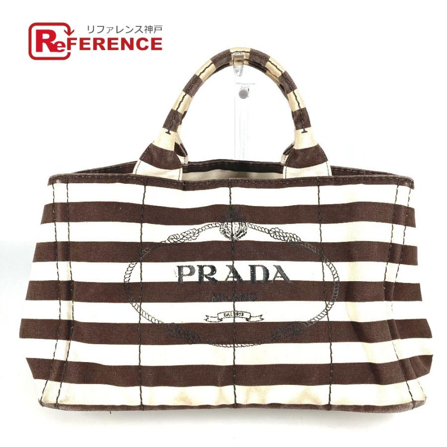 PRADA プラダ カナパ ロゴ ボーダー カバン トートバッグ  ハンドバッグ ブラウン レディース【中古】 | PRADA