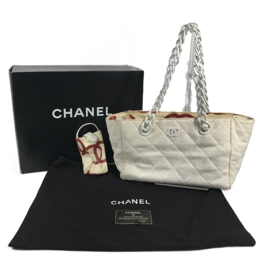 CHANEL シャネル ロゴ マトラッセ キルティング 肩掛け トートバッグ Wチェーン 携帯ポーチ付き ショルダーバッグ ホワイト 【中古】 | CHANEL | 02