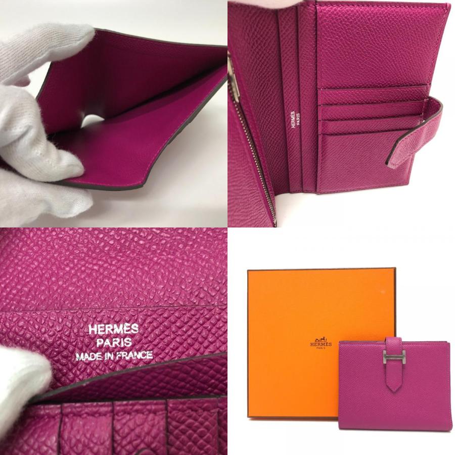 美品 HERMES エルメス ベアン コンパクト ウォレット H金具 2つ折り財布 ローズパープル パープル レディース【中古】の画像