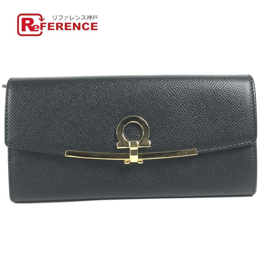 美品 Salvatore Ferragamo サルヴァトーレフェラガモ ガンチーニ ロングウォレット フラップ 長財布 ブラック レディース【中古】 | 