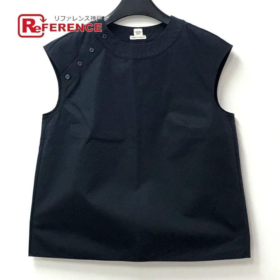 美品 HERMES エルメス ブラウス 袖なし ボタン アパレル シャツ トップス タンクトップ ブラック レディース【中古】 | HERMES