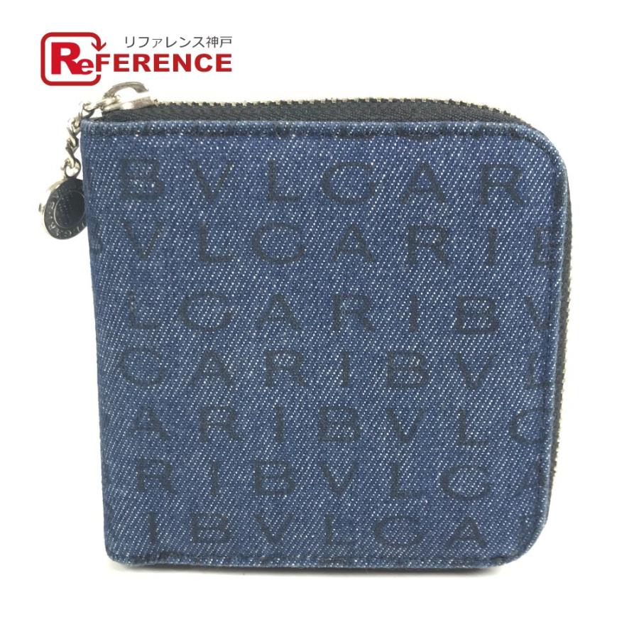 BVLGARI ブルガリ ロゴマニア 総柄 デニム ラウンドファスナー コンパクトウォレット 2つ折り財布 ブルー ユニセックス【中古】 | BVLGARI