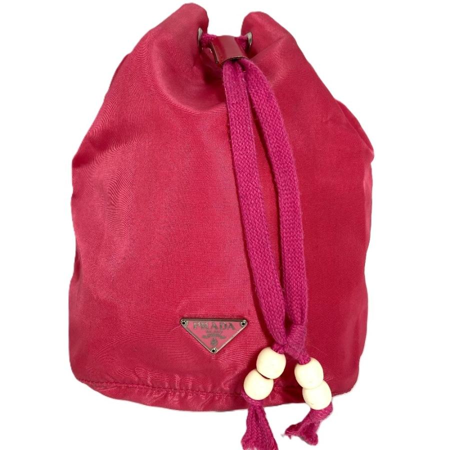 PRADA プラダ トライアングルロゴ 三角ロゴ プレート 巾着 カバン ハンドバッグ ポーチ ピンク レディース【中古】 | PRADA | 01