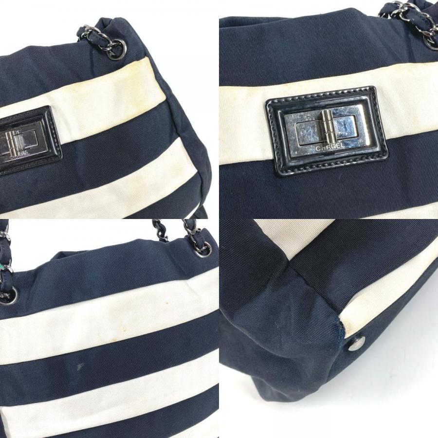 CHANEL シャネル 2.55金具 ボーダー カバン 肩掛け トートバッグ Wチェーン ショルダーバッグ ブラック ユニセックス【中古】 | CHANEL | 08