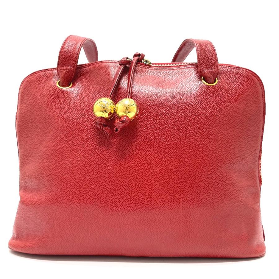 CHANEL シャネル CC ココマーク ボールチャーム トートバッグ ショルダーバッグ キャビアスキン レッド レディース【中古】 | CHANEL | 01