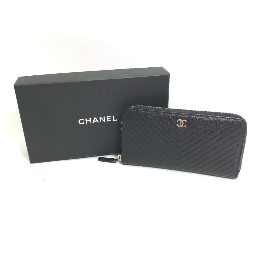 CHANEL シャネル A50097 Vステッチ キルティング ロングウォレット ラウンドファスナー CC ココマーク 長財布 ブラック レディース【中古】の画像