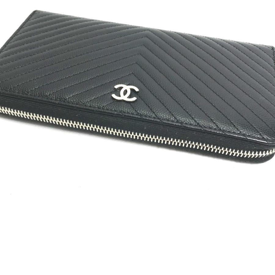 CHANEL シャネル A50097 Vステッチ キルティング ロングウォレット ラウンドファスナー CC ココマーク 長財布 ブラック レディース【中古】の画像