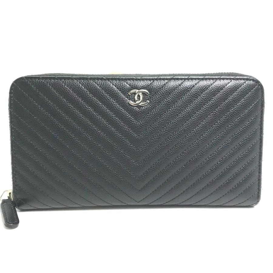 CHANEL シャネル A50097 Vステッチ キルティング ロングウォレット ラウンドファスナー CC ココマーク 長財布 ブラック レディース【中古】の画像