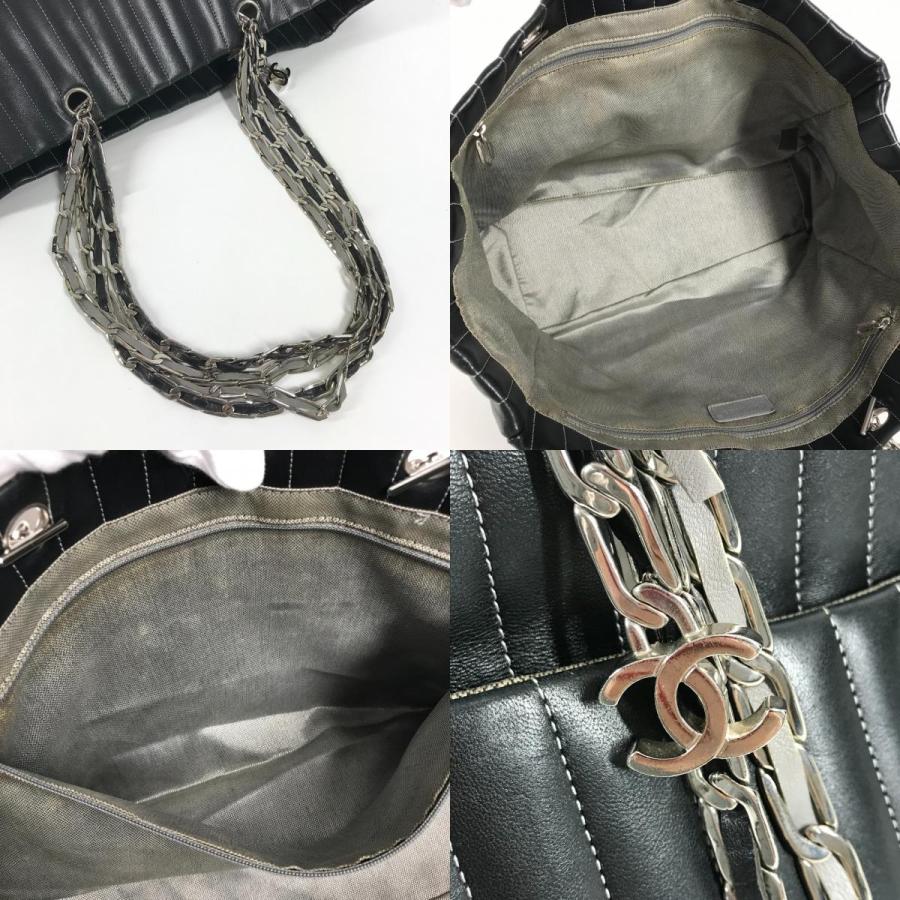 CHANEL シャネル ストライプ Wチェーン 肩掛け トートバッグ CC ココマーク ロゴ ショルダーバッグ ブラック レディース【中古】 | CHANEL | 08