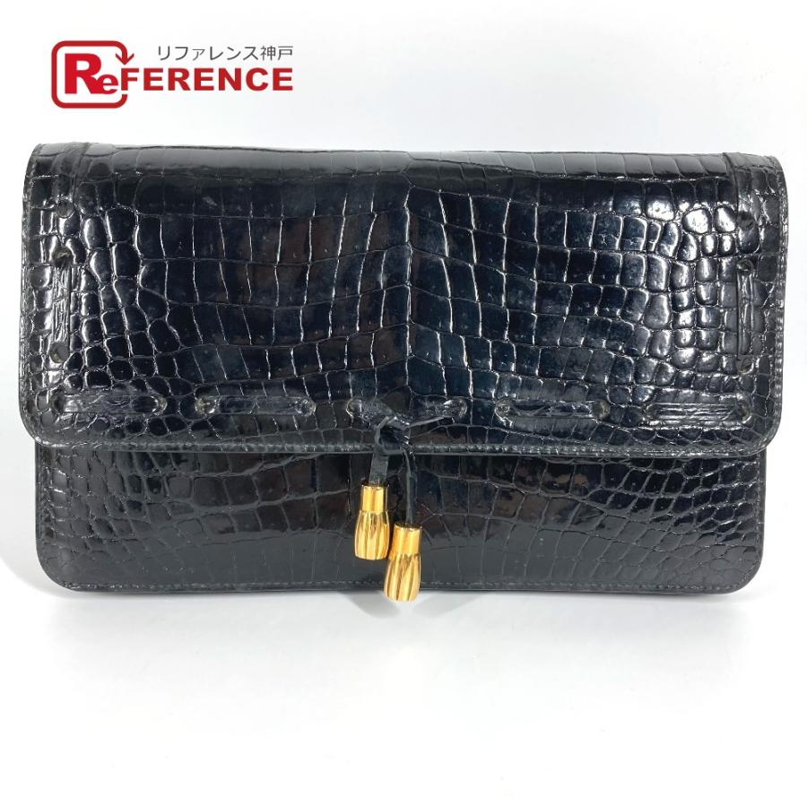 HERMES エルメス ロゴ フラップ タッセル フリンジ ポーチ セカンドバッグ カバン ヴィンテージ クラッチバッグ ブラック 【中古】 | HERMES