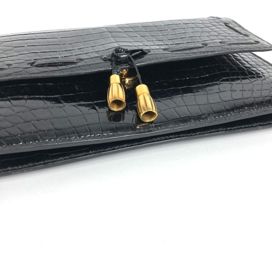 HERMES エルメス ロゴ フラップ タッセル フリンジ ポーチ セカンドバッグ カバン ヴィンテージ クラッチバッグ ブラック 【中古】 | HERMES | 04