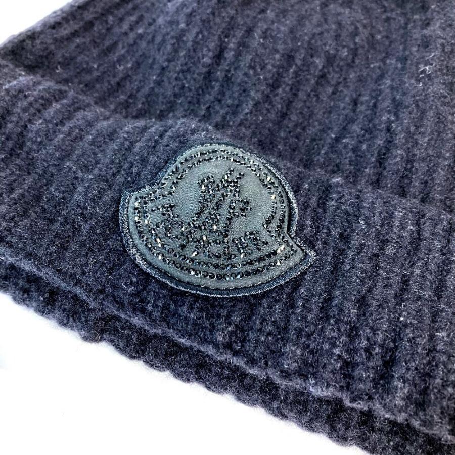 MONCLER モンクレール ラインストーン ロゴ ビーニー 帽子 ニット帽 ニットキャップ ニット帽 ブラック ユニセックス【中古】