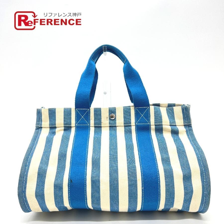 HERMES エルメス カンヌMM カンヌ MM カバン バッグ キャンバス地 トートバッグ ストライプ ハンドバッグ ブルー ユニセックス【中古】 | HERMES