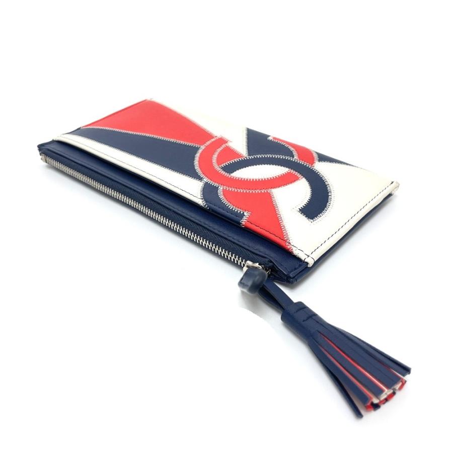 美品 CHANEL シャネル CC ココマーク フリンジ 財布 カードケース ラムスキン レディース ブルー×ホワイト×レッド | CHANEL | 02