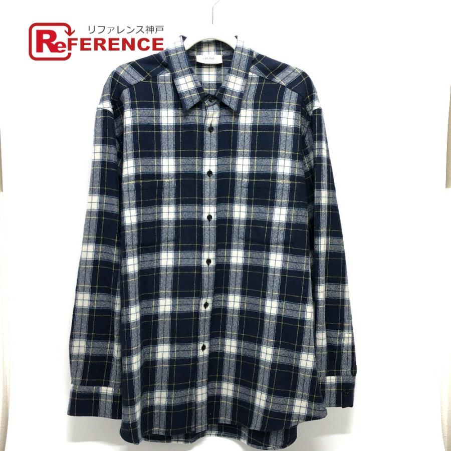 CELINE セリーヌ 2C555198O チェック Checked Wool Loose Shirt 長袖シャツ ネイビー メンズ【中古】 | CELINE