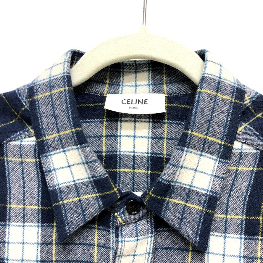 CELINE セリーヌ 2C555198O チェック Checked Wool Loose Shirt 長袖シャツ ネイビー メンズ【中古】 | CELINE | 02