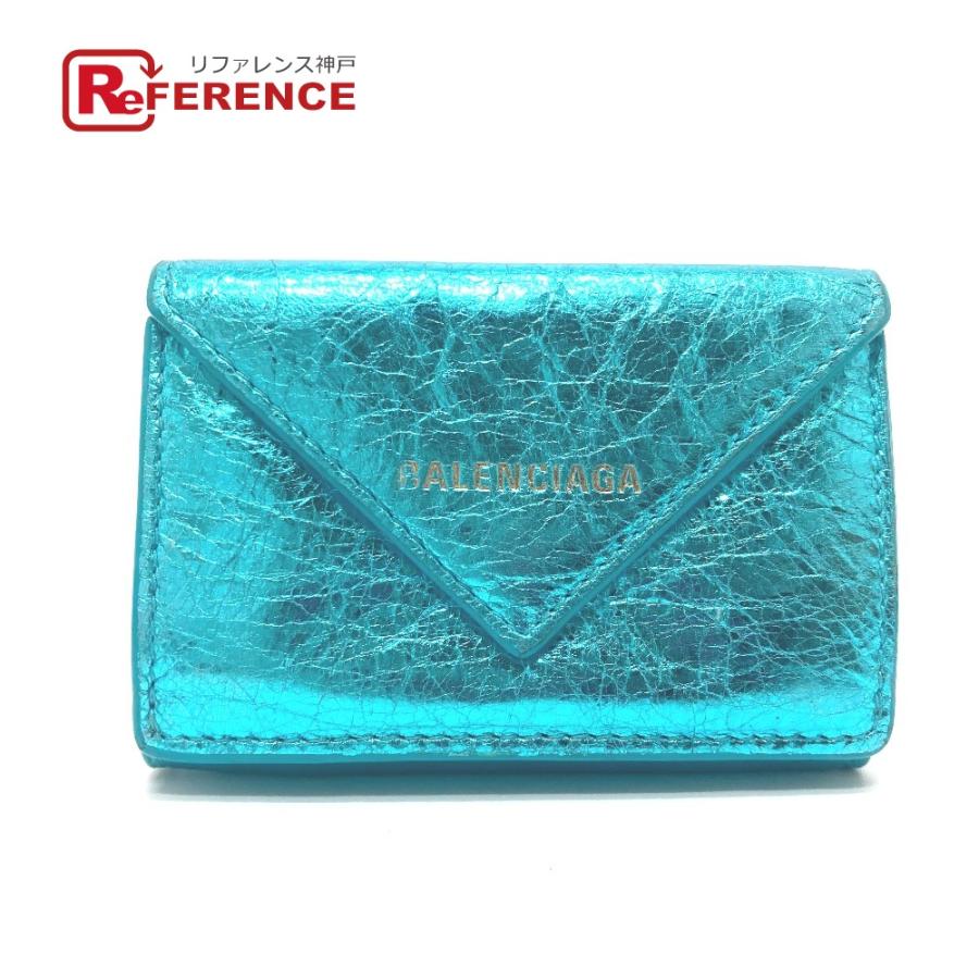BALENCIAGA バレンシアガ 391446 ペーパーミニ ウォレット コンパクトウォレット 財布 3つ折り財布 メタリックブルー レディース【中古】 | BALENCIAGA