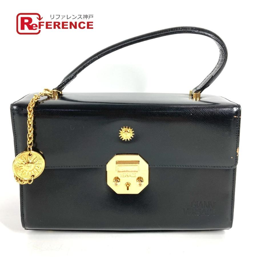 VERSACE ヴェルサーチ サンバースト ロゴ バニティバッグ カバン フラップ チェーン ヴィンテージ ハンドバッグ ブラック 【中古】 | 