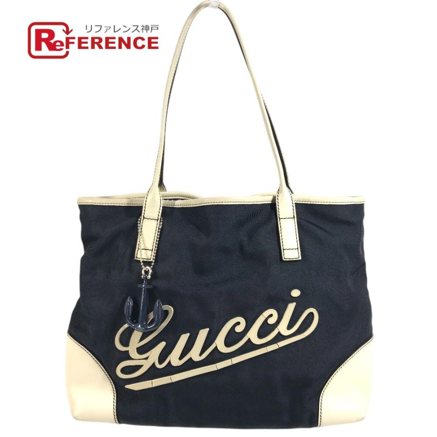 GUCCI グッチ 170007 ロゴ レザー ナイロン  トートバッグ ハンドバッグ チャーム付き ショルダーバッグ ネイビー ユニセックス【中古】 | GUCCI